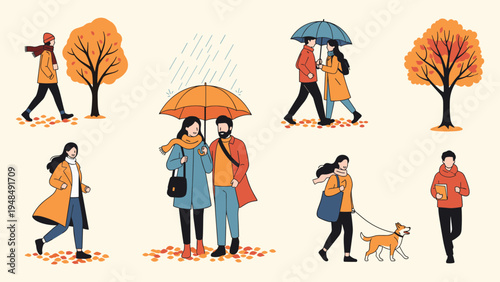 Flat illustration of people enjoying a walk in a park during autumn with falling orange leaves and a dog on a leash.