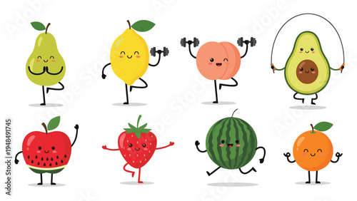 Adorable cartoon fruit characters engaged in various fitness and yoga activities to promote a healthy lifestyle and diet.