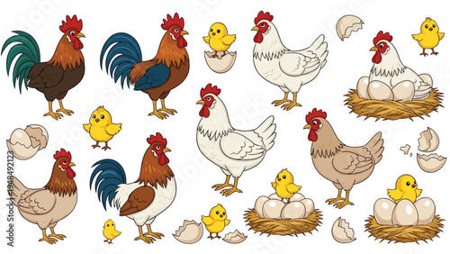 Comprehensive set of chicken themed illustrations showing roosters hens chicks eggs and nests in different stages of life.