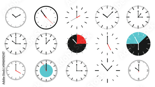 Wide variety of clock faces showing different times and designs from simple minimal markers to detailed numeric dials.