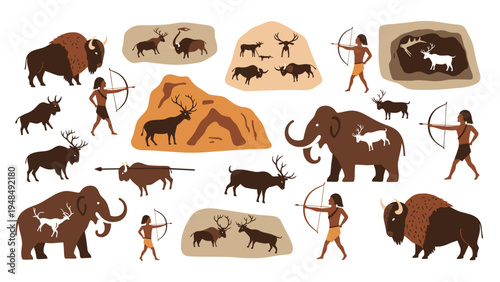 Collection of ancient cave paintings depicting prehistoric hunters with bows and animals like bison mammoths and deer.