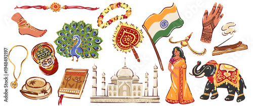 India culture icon set with traditional symbols, sari woman, elephant, peacock, Taj Mahal, sitar, spices, jewelry, flag, festival objects, folk elements, cartoon doodle vector illustration