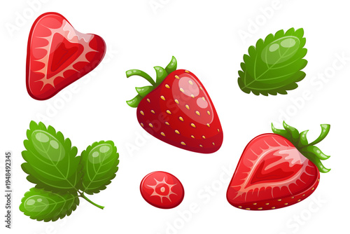Whole strawberries, slices and leaves, collection of vector illustrations for food design, menus, branding, packaging, smoothies, juices, dessert concepts and products made from fresh organic fruit