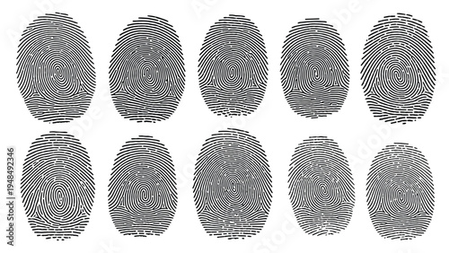 Collection of ten unique black ink fingerprint patterns on a white background representing forensic identity and security.