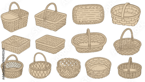 Variety of hand woven wicker baskets in different shapes including round rectangular with handles and without them.
