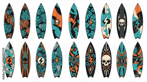 Collection of colorful surfboard designs with various graphics like tropical leaves skulls lightning bolts and camouflage.