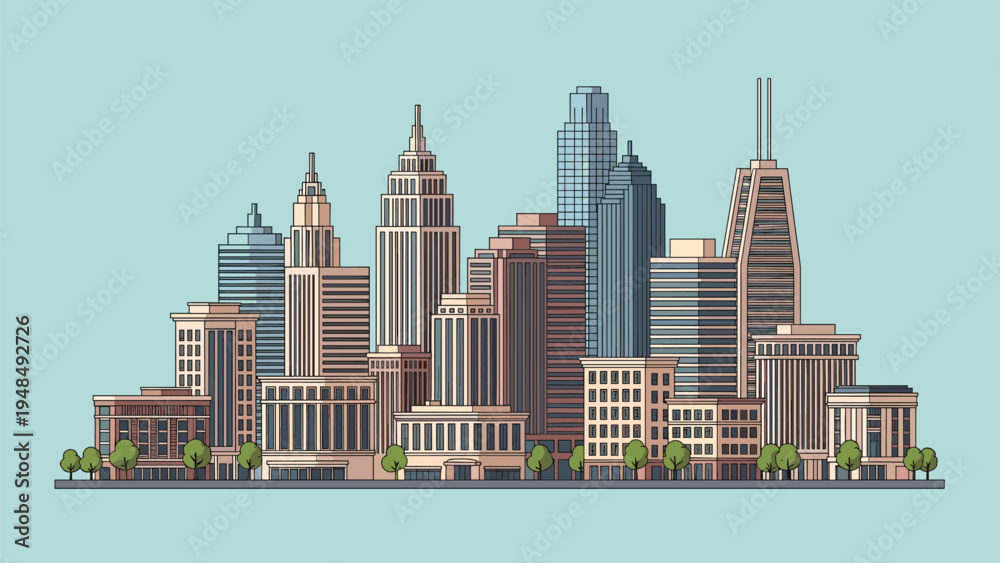 Fototapeta premium Modern metropolitan skyline featuring a dense cluster of skyscrapers and tall buildings under a clear blue sky.