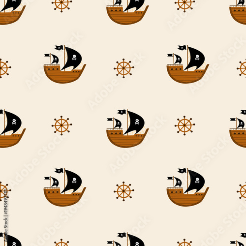 Seamless pattern featuring wooden pirate ships with black sails and ship steering wheels on beige.Summer design for wallpaper, kids adventure decor, textile prints, and gift wrap design.