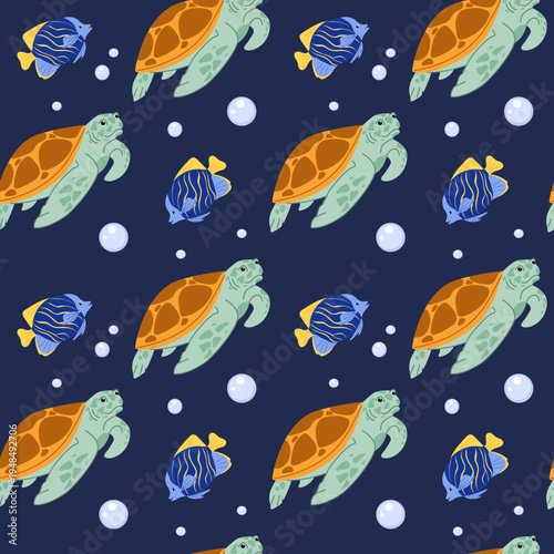 Seamless pattern featuring sea turtles and blue tropical fish with bubbles on a dark background. Marine design for wallpaper,  nursery decor and kids textile.