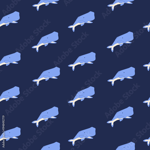 Seamless pattern with majestic blue whales on a dark blue background.Marine design for wallpaper,  nursery decor and kids textile.