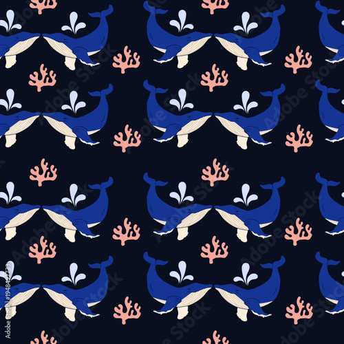 Seamless pattern featuring blue whale couples and pink corals on a dark background.Marine design for wallpaper,  nursery decor and kids textile.
