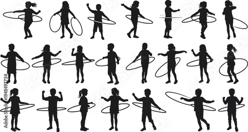 Children silhouette hula hoop collection, kids playing poses, active fun illustrations, vector design, playful activity graphics, exercise artwork set, fitness theme