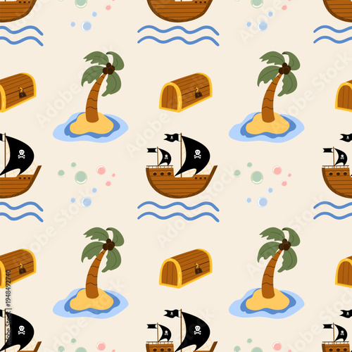Seamless pattern featuring wooden pirate ships, treasure chests, and palm trees on islands. Summer design for wallpaper, kids adventure decor, textile prints, and gift wrap design.