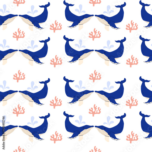 Seamless pattern featuring blue whale couples and pink corals on a white background. Marine design for wallpaper,  nursery decor and kids textile.