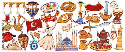 Travel to Turkey cartoon set with mosque, flag, tea pot, baklava, kebab, hookah, sweets, fez, and carpets. Flat vector illustration of Turkish culture, food, drink, and traditional lifestyle.