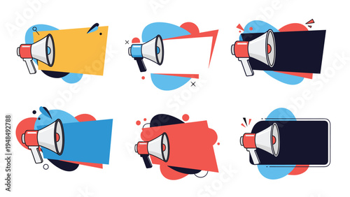 Set of megaphone icons with colorful speech bubbles for announcements, promotion, and marketing communication purposes.