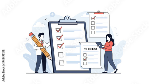 Business characters working together with a giant checklist and pencils representing project management, tasks, and productivity.