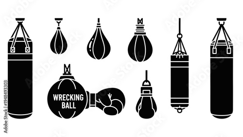 Boxing Equipment Icons: Punching Bags and Gloves Silhouette Set