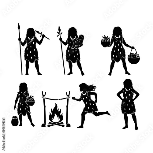 Cavewoman Silhouette Set: Hunting, Gathering, Motherhood, Fire