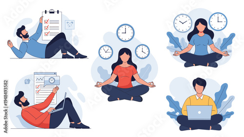 Characters practicing meditation and managing time with clocks and checklists to achieve work life balance and focus.