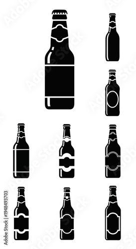 Collection of Black Beer Bottle Silhouettes on White Background