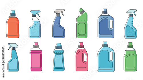 Variety of cleaning product bottles in different colors and shapes for laundry, household, and professional sanitation purposes.