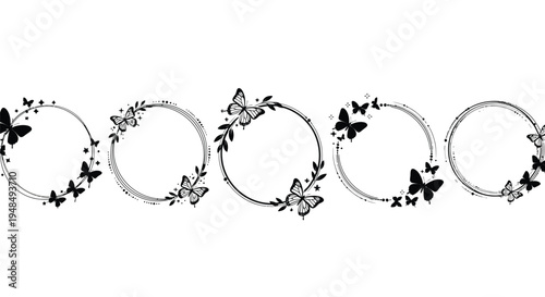 Five circular frames decorated with butterflies and leaves.