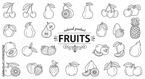 Black and white line art icons of assorted fruits.