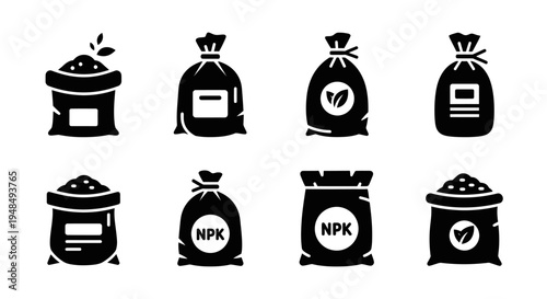 Collection of Fertilizer Bags Icons: NPK, Soil, Seeds, Agriculture, Farming, Garden Supplies