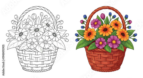 A woven basket filled with bright, colorful flowers contrasts.