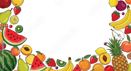 Assorted tropical and temperate fruit border frames empty.