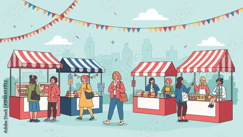 Animated scene of people shopping at various stalls in an outdoor street fair or community market with city background.