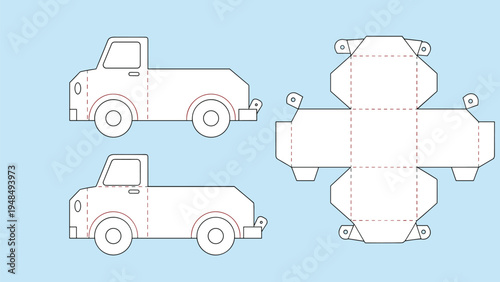 Paper craft template for a toy truck with cutting and folding lines for a fun DIY creative activity for children.