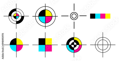 PNG Colorful print registration marks element set on transparent background