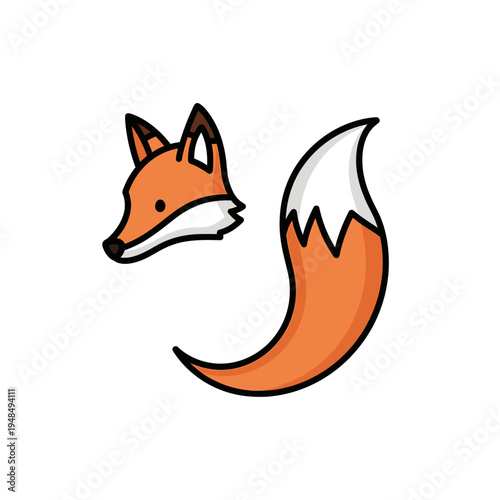 Cute cartoon fox head and bushy tail isolated on white background