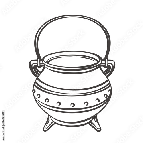 Viking Cauldron with round iron body, riveted band and curved handle, traditional Norse cooking pot for campfire and feast rituals. Detailed Viking Cauldron in monochrome outline vector illustration.