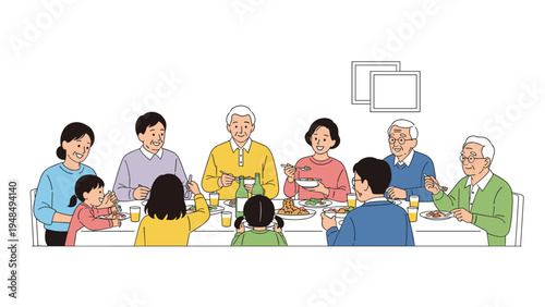 Diverse group of people of different ages sitting around a dinner table and enjoying a meal together in a simple line art style.