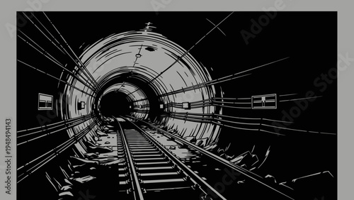 Dark Subway Tunnel with Train Tracks and Dramatic Lighting
