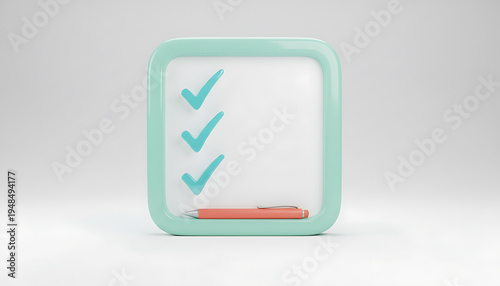 Teal clipboard with three blue checkmarks and orange pen