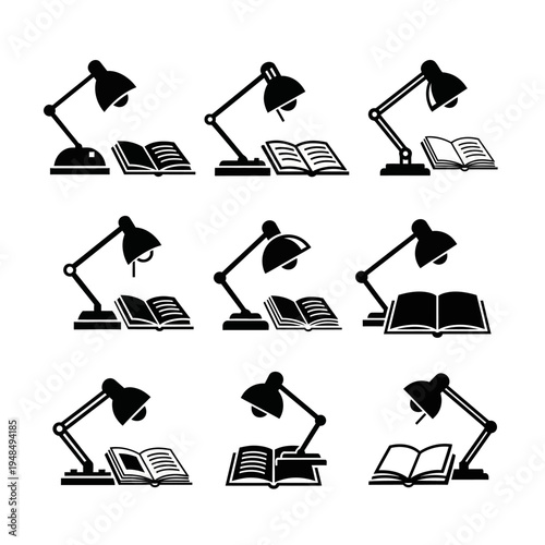 Desk Lamp Illuminating Open Books - Study, Learning, Knowledge Icons