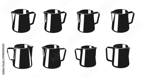 Eight Stainless Steel Milk Frothing Pitchers Arranged in Two Rows