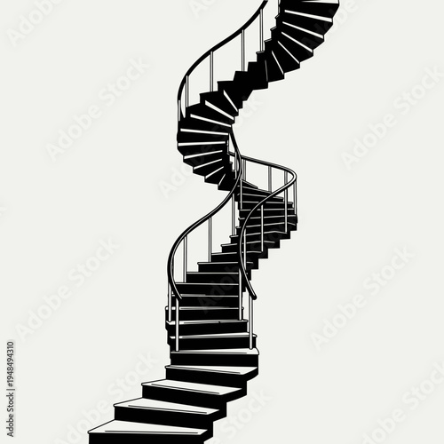 Elegant Black Spiral Staircase Ascending Gracefully Against White Background