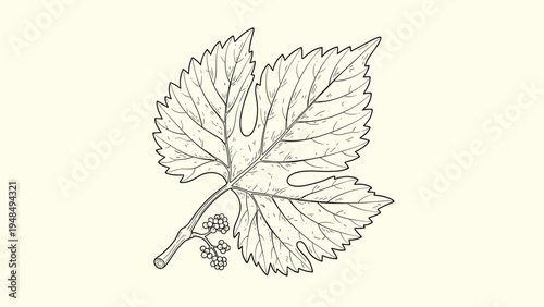 Vintage style black and white line drawing of a vine leaf with a small cluster of grapes on a cream background.