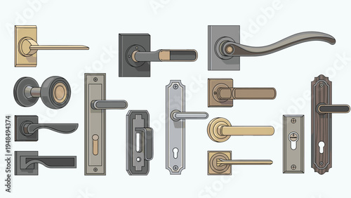 Set of different styles of door handles, knobs, and locks in various metal finishes for interior design and architecture.