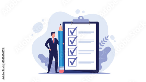 Professional businessman standing next to a giant clipboard and holding a large pencil to mark completed tasks.