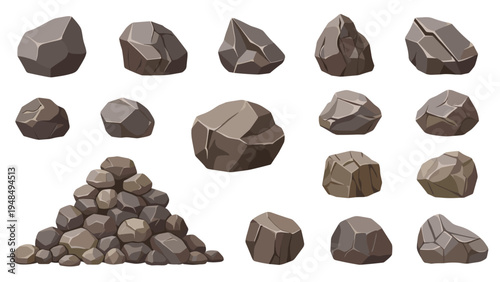 Collection of various grey rock shapes and a large pile of stones for landscape, gaming, and environment designs.