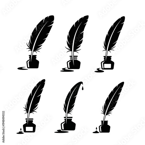 Feather Pen and Inkwell Icon Set - Vintage Writing Tools Silhouette