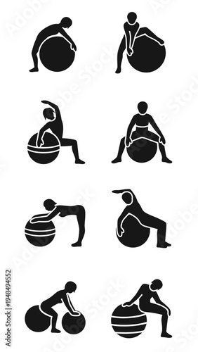Fitness ball exercise icons: silhouette of people doing workout poses
