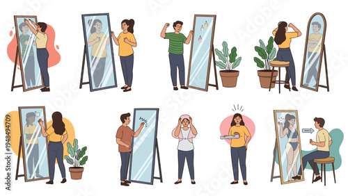 Diverse people in various situations looking at their reflections in mirrors for beauty, fitness, and body image concepts.