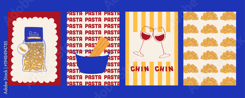 Italian pasta poster set for kitchen decor. Minimalist food illustrations with pasta package, spaghetti bowl, wine glasses and pasta pattern. Mediterranean culinary prints for cafes and restaurants